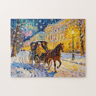 Impressionist Snowy City Night with Passing Carria Jigsaw Puzzle