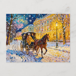 Impressionist Snowy City Night with Passing Carria Postcard