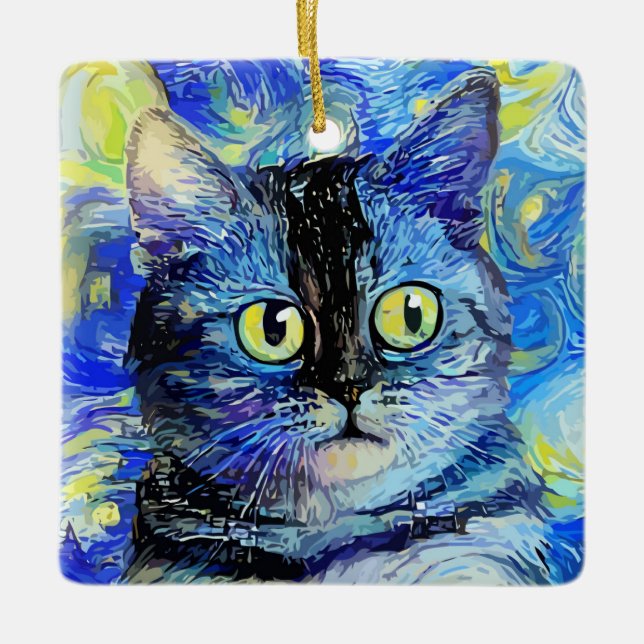 Impressionist Starry Night Tabby Cat Portrait Ceramic Ornament (Front)