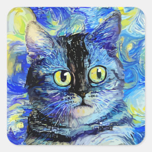 Impressionist Starry Night Tabby Cat Portrait Square Sticker