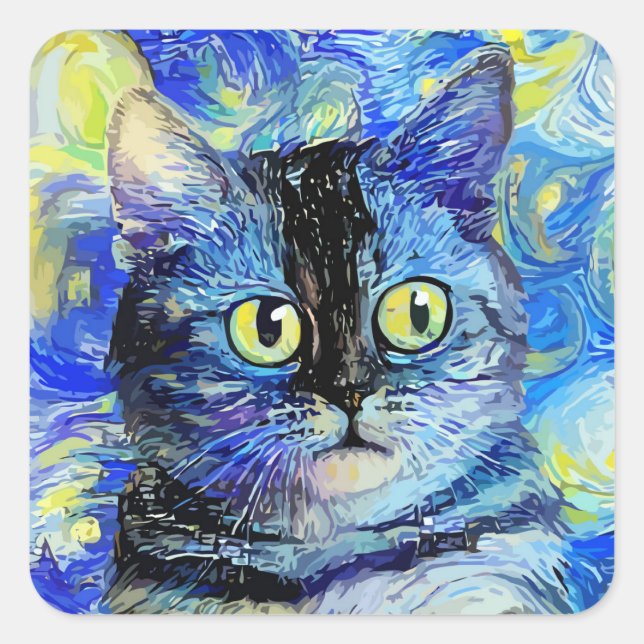 Impressionist Starry Night Tabby Cat Portrait Square Sticker (Front)