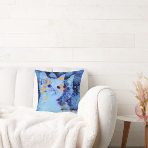 Impressionist Style Kitten Art for Cat Lovers Blue Cushion