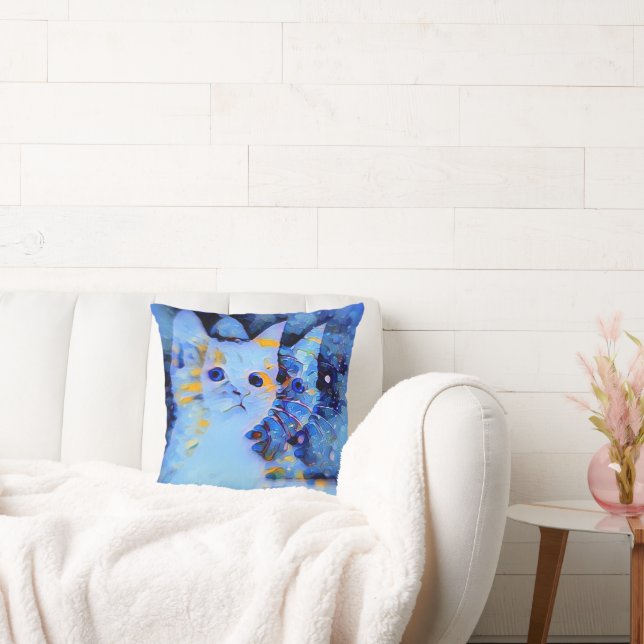 Impressionist Style Kitten Art for Cat Lovers Blue Cushion (Couch)
