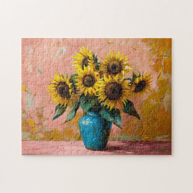 Impressionist Sunflowers in a Blue Vase Jigsaw Puzzle (Horizontal)
