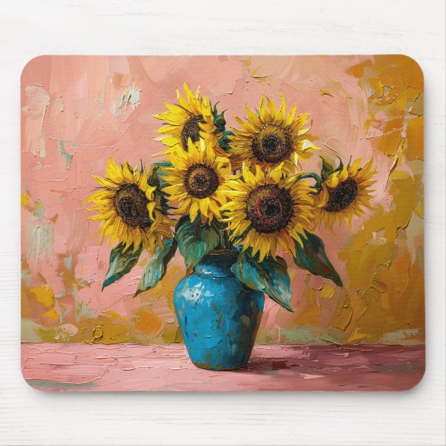 Impressionist Sunflowers in a Blue Vase Mouse Mat (Front)