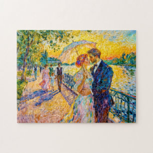 Impressionist Sunset Romance at Riverside Pathway Jigsaw Puzzle
