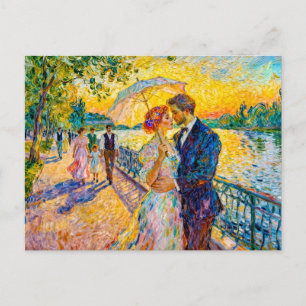 Impressionist Sunset Romance at Riverside Pathway Postcard
