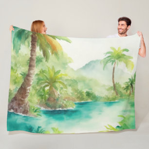 Impressionist Watercolor Tropical Island Scene Fleece Blanket