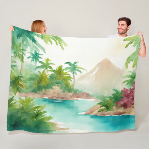 Impressionist Watercolor Tropical Island Scene Fleece Blanket