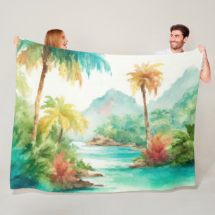 Impressionist Watercolor Tropical Island Scene Fleece Blanket
