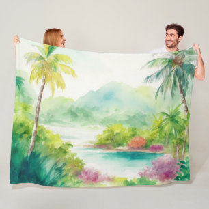 Impressionist Watercolor Tropical Island Scene Fleece Blanket