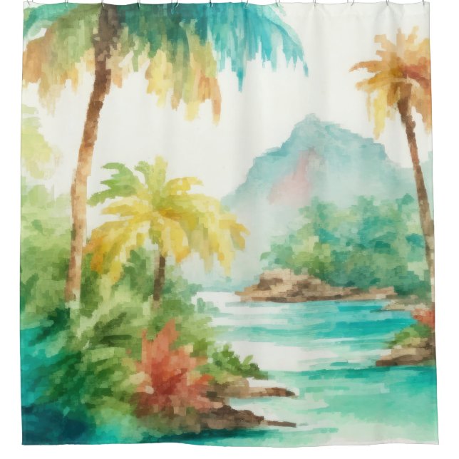 Impressionist Watercolor Tropical Island Scene Shower Curtain (Front)