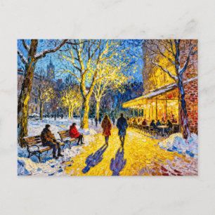 Impressionist Winter City Park Scene with Restaura Postcard