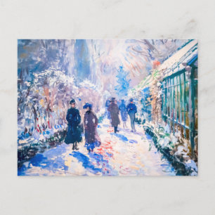 Impressionist winter garden with walkers holiday postcard
