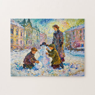 Impressionist Winter Square Scene with Children Sn Jigsaw Puzzle