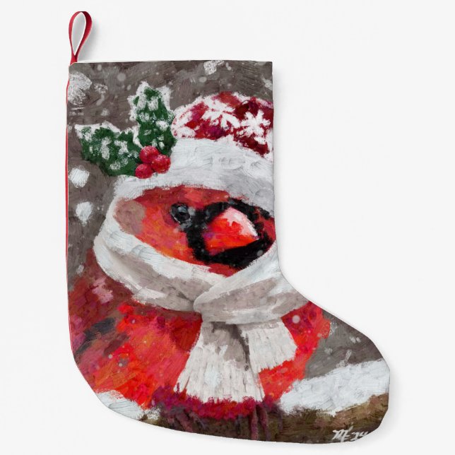 Impressionistic Cardinal Bird Scarf & Hat in Snow Small Christmas Stocking (Front)