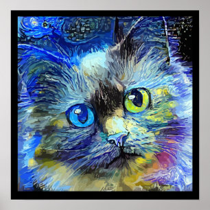 Impressionistic Cat Portrait Blue Yellow Black  Poster