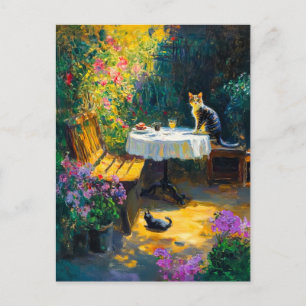 Impressionistic Cats Playing in Garden corner Postcard