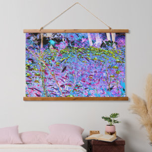 Impressionistic Chartreuse and Aqua Garden Flowers Hanging Tapestry