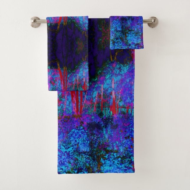 Impressionistic Dark Blue and Red Garden Landscape Bath Towel Set (Insitu)