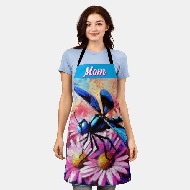Impressionistic Dragonfly On Pink Daisies Floral Apron (Worn)