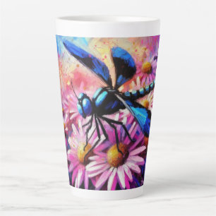 Impressionistic Dragonfly On Pink Daisies Floral Latte Mug