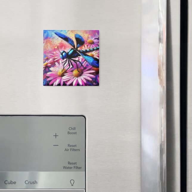Impressionistic Dragonfly On Pink Daisies Floral Magnet (In Situ (Fridge))