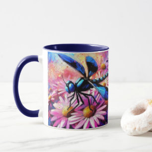 Impressionistic Dragonfly On Pink Daisies Floral Mug