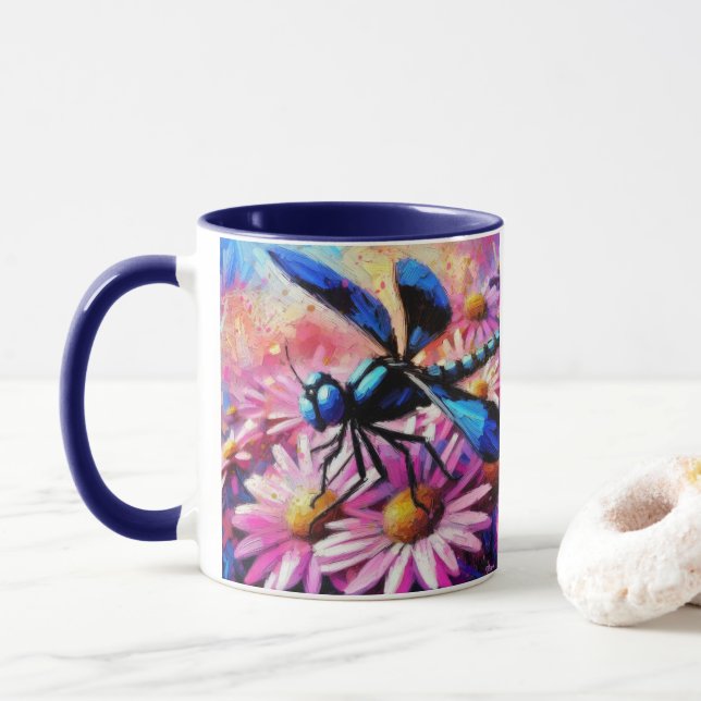 Impressionistic Dragonfly On Pink Daisies Floral Mug (With Donut)
