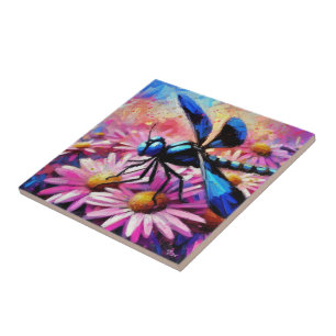 Impressionistic Dragonfly On Pink Daisies Floral Tile