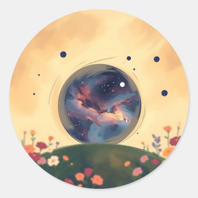 Impressionistic Galaxy with Blooming Garden Classic Round Sticker (Front)