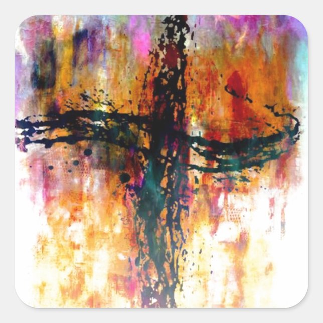 Impressionistic grunge cross square sticker (Front)