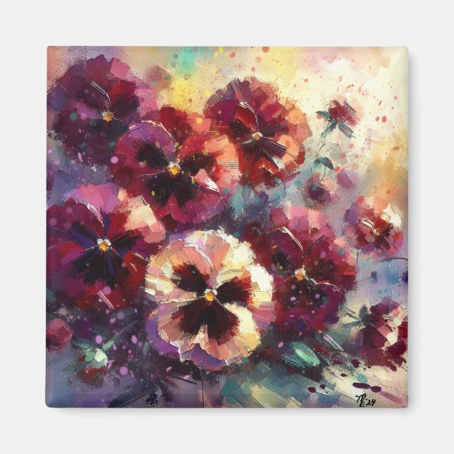 Impressionistic Maroon Pansies Floral Painting Magnet (Front)