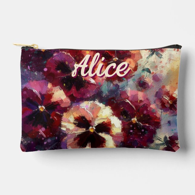Impressionistic Maroon Pansies Personalised Accessory Pouch (Front)