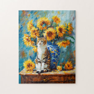 Impressionistic Oil Painting of Cat by Sunflower B Jigsaw Puzzle