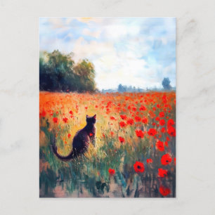 Impressionistic Oil Painting of Cat in Poppy field Postcard