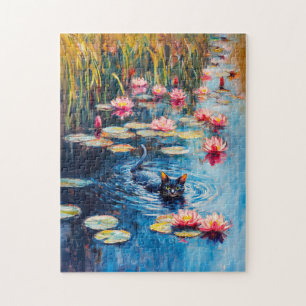 Impressionistic Painting of Black Cat in Lily pond Jigsaw Puzzle