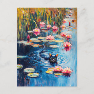 Impressionistic Painting of Black Cat in Lily pond Postcard