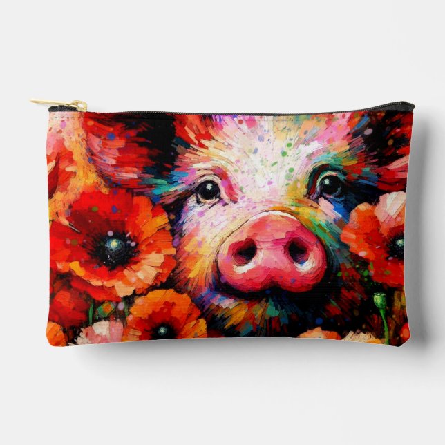 Impressionistic Pig in Red Poppy Flowers Accessory Pouch (Front)