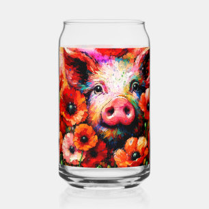Impressionistic Pig in Red Poppy Flowers Can Glass