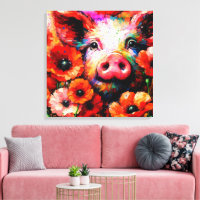 Impressionistic Pig in Red Poppy Flowers