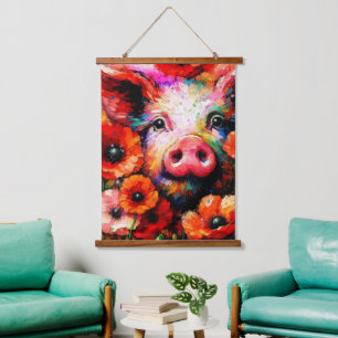 Impressionistic Pig in Red Poppy Flowers Hanging Tapestry