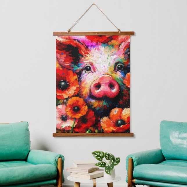 Impressionistic Pig in Red Poppy Flowers Hanging Tapestry (Living Room)
