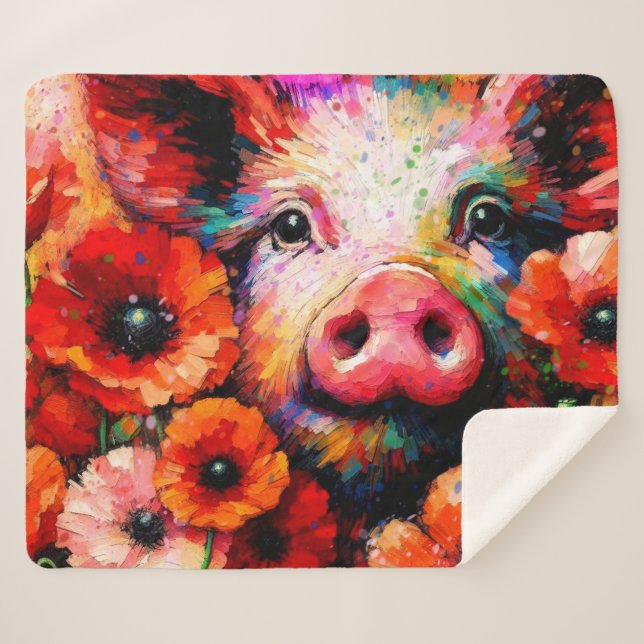 Impressionistic Pig in Red Poppy Flowers Sherpa Blanket (Front (Horizontal))