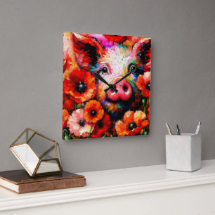 Impressionistic Pig in Red Poppy Flowers Square Wall Clock