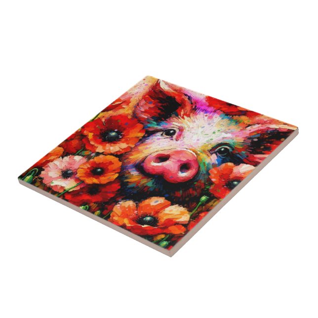 Impressionistic Pig in Red Poppy Flowers Tile (Side)