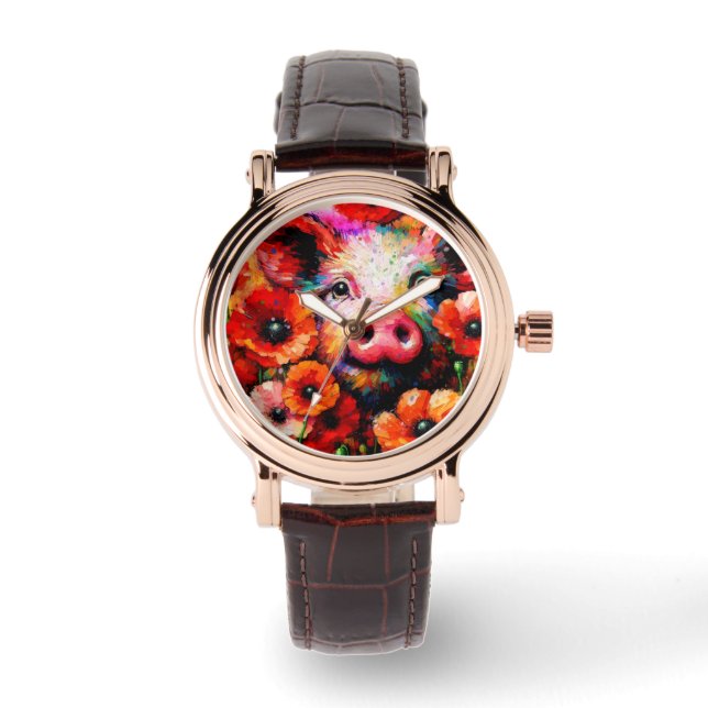 Impressionistic Pig in Red Poppy Flowers Watch (Front)