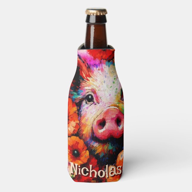 Impressionistic Pig Red Poppy Flowers Personalised Bottle Cooler (Bottle Front)