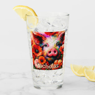 Impressionistic Pig Red Poppy Flowers Personalised Glass