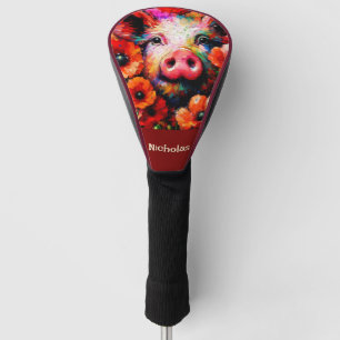 Impressionistic Pig Red Poppy Flowers Personalised Golf Head Cover